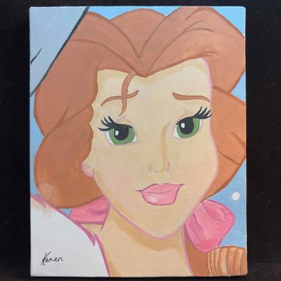 Belle Inspired Portrait Painting by Karen Hand Painted Canvas Signed Bright Soft Colors Whimsical