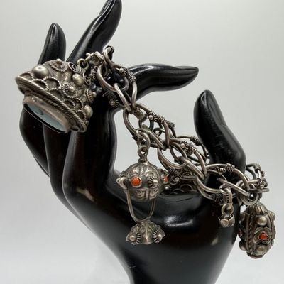 Figural Fob Charm Etruscan Revival Link Chain 800 Silver Bracelet ER80