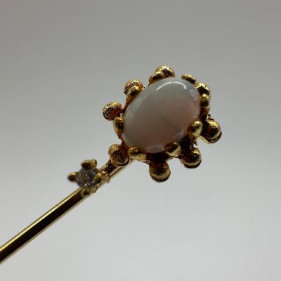 White Opal and Accent Diamond Stick Pin 14K Gold