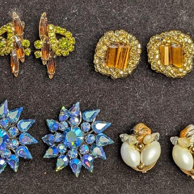 Vintage Of Unsigned Rhinestone AB Crystals Clip On Earrings Lot Of 4