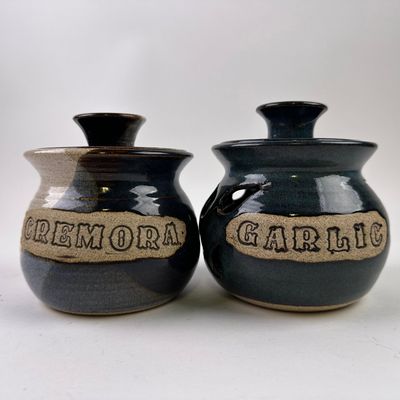 Handcrafted Pottery Crock Garlic and Cremora Jar Keeper Set Signed