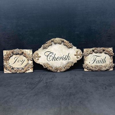 Michelle Butler Designs Joy Faith Cherish Handcrafted Plaque Gold Cream Sign Set