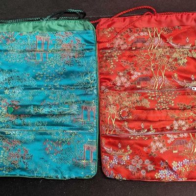 2 Vintage Teal And Red Asian Style Travel Jewelry Bags