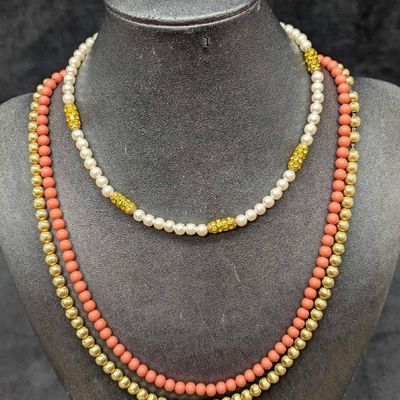 Faux Pearl And Yellow Crystal And Gold Tone And Pink Faux Coral  Necklaces