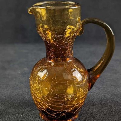Vintage Amber Crackle Glass Small Pitcher Vase