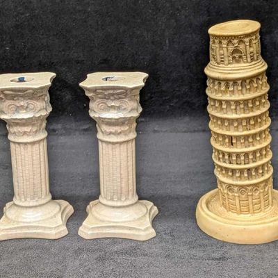 3 Vintage Roman Pillar And Leaning Tower Candlestick Holders