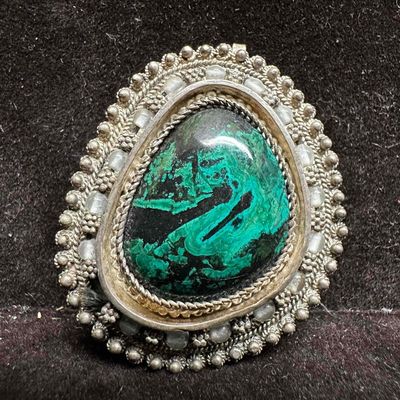Malachite Green Black Stone Israel 925 Sterling Silver Pendant Brooch