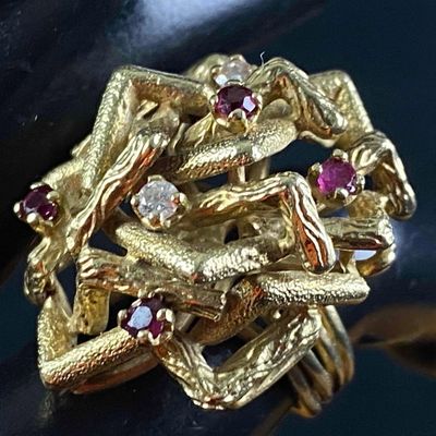 Vintage Art Deco Bamboo Style 14K Gold Diamond / Ruby Statement Ring