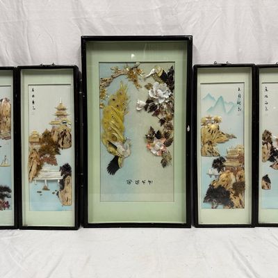 Chinese Hardstone Shell Art Wall Panels Set of Five Framed