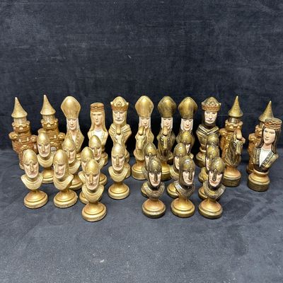 Medieval Camelot Style Figural Chess Piece Set Light Gold and Dark Bronze Tone