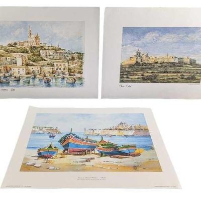 3 Lithograph Prints Mgarr Harbour & Malta