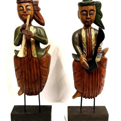 Pair of Vintage Carved Wood Thai Painted Musicians