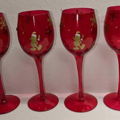 Sale Photo Thumbnail #1178: 4 Christmas Santa Mickey Glass 9" Red Goblets