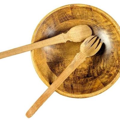 Vintage Wooden Serving Salad Bowl W Salad Servers