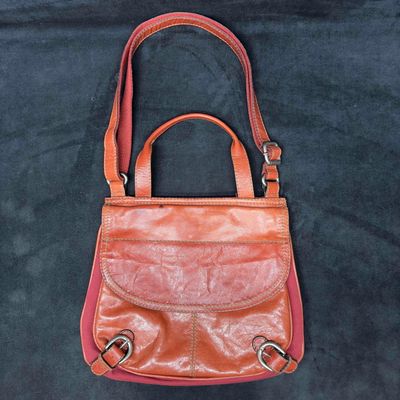 Fossil Red Orange Leather Canvas Purse Handbag