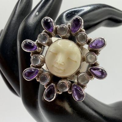 Sale Photo Thumbnail #1157: Carved Moon Face Cabochon Sajen Sterling Ring Amethyst AB54