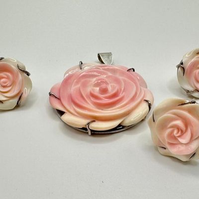 Carved Shell Sterling Ring, Pendant, Earring Set