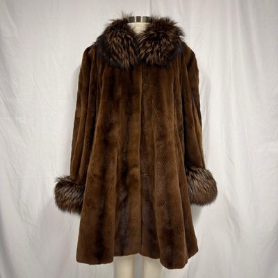 Brown Mink and Tanuki Collar and Cuff Fur Coat