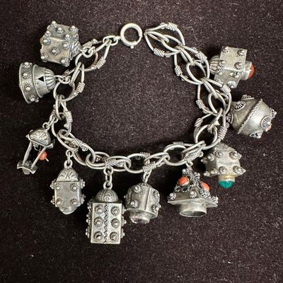 Italian Etruscan Style Sterling Multiple Ornate Charms with Small Gemstones R13
