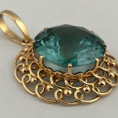 Custom Made European 14K Bezel 22MM Teal Round Faceted CZ Statement Solitaire Medallion Pendant