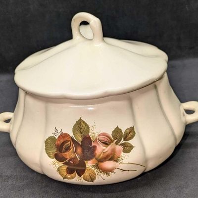 Vintage Ceramic Floral Pattern Serving Tureen With Spoon