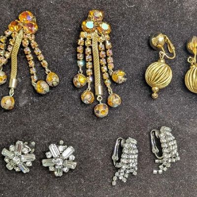 Sale Photo Thumbnail #1146: Vintage Unsigned Gold Silver Tone Rhinestone AB Crystals Clip On Earrings Lot Of 4