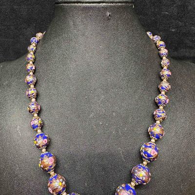Murano Venetian Lamp Work Glass Dark Blue Copper Accents Beaded Floral Necklace and Earrings Set F17
