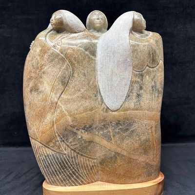 Sale Photo Thumbnail #1008: Hand-Carved Stone Sculpture Three Figures Embrace Native Indigenous Tribal Style Art Sculpture