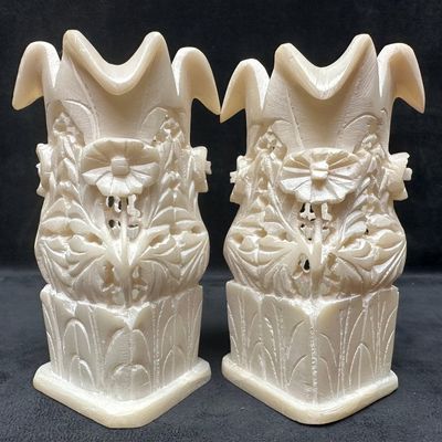 Pair of Hand Carved Floral White Alabaster Soapstone Style Scalloped Rim Vases