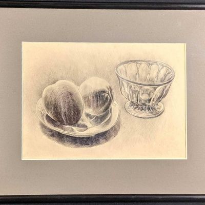 Sale Photo Thumbnail #1048: Original Framed Pencil Sketch Fruit And Bowl