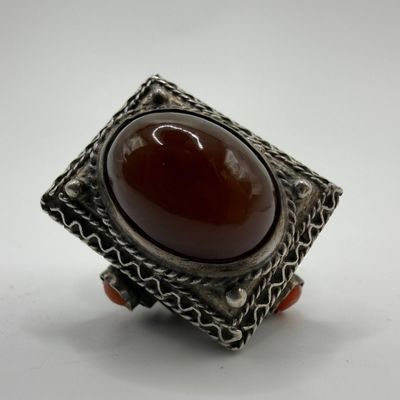 Carnelian Oval and Coral Ornate Ribbon Motif 800 Silver Fob Charm ER68