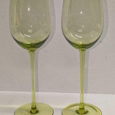 2 Vintage 8" Green Glass Wine Glasses A