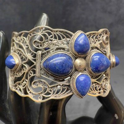 BJ 925 Sterling Silver Filigree Lapis Blue Gemstone Bangle Hinged Bracelet