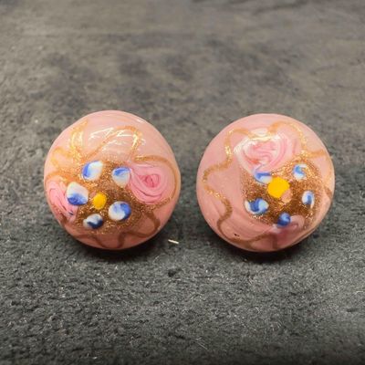 Murano Venetian Art Glass Lamp Work Pink Floral Copper Accents Circle Bead Earrings F36