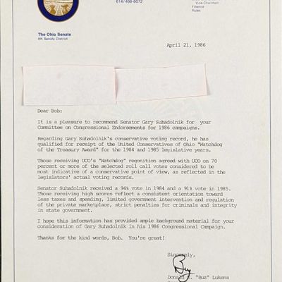 Sale Photo Thumbnail #1009: Signed Senator Donald "Buz" Lukens Letter
