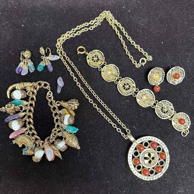 Two Vintage Costume Jewelry Sets Natural Stone Accents Broken Missing Stones