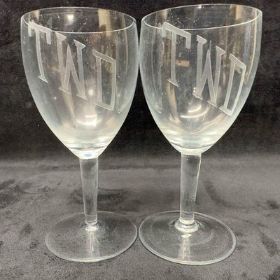 Two Etched Monogram Personalized Drinking Cocktail Glasses Set