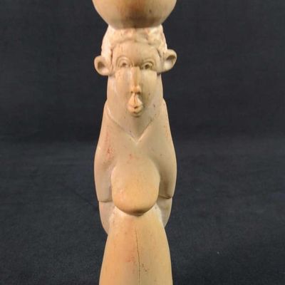 Vintage Handcarved Stone Candlestick Woman With Basket