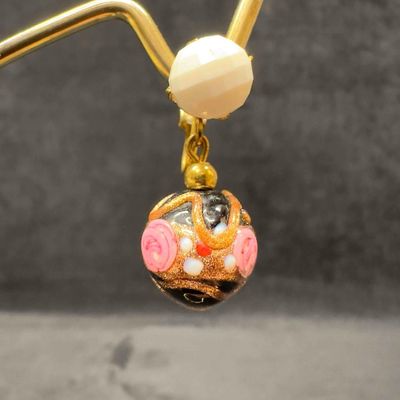 Murano Venetian Art Glass Lamp Work Black Floral White Beaded Dangle Earrings F25