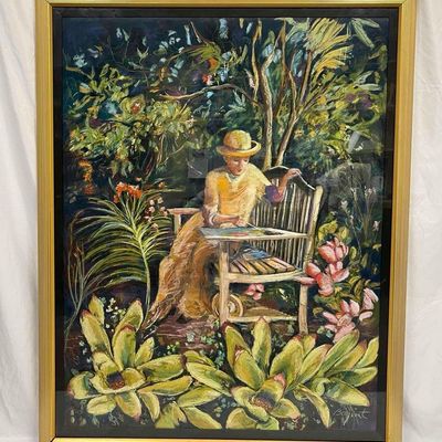 Sale Photo Thumbnail #1042: Framed Original Oil Pastel "The Watercolorist" By Jane Bazinet (American, 20th century)