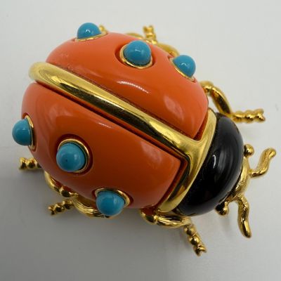Sale Photo Thumbnail #1166: KJL Kenneth Jay Lane Ladybug Brooch Faux Coral and Turquoise Gold Tone