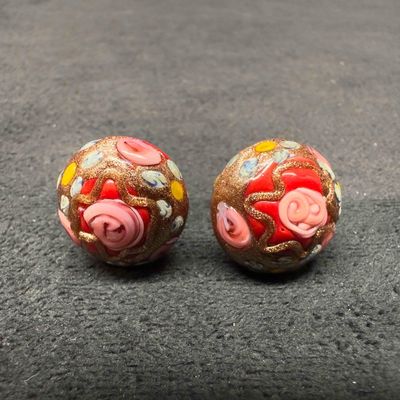 Murano Venetian Art Glass Lamp Work Red Floral Copper Accent Circle Earrings G92