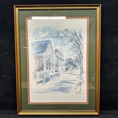 Framed Architectural Street Scene Print Williamsburg John Haymson Barber and Peruke Maker's Shop