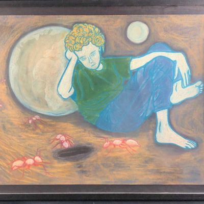 Original Framed Chalk On Paper Watching Ants X1