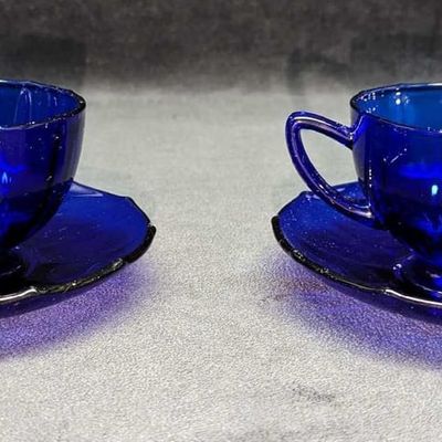2 Cobalt Blue Glass Cup And Saucers B