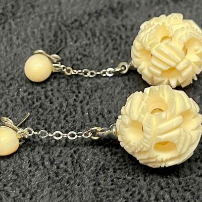 Hand Carved Bone Circle Balls Dangle Earrings