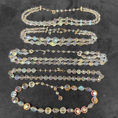 Sale Photo Thumbnail #1238: Costume Jewelry Clear Glass Crystal Single and Double Strand Necklace Set Lot of Five H65