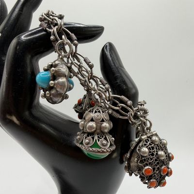Pill Box Type Fob Charm Etruscan Revival Style 800 Silver Bracelet ER81
