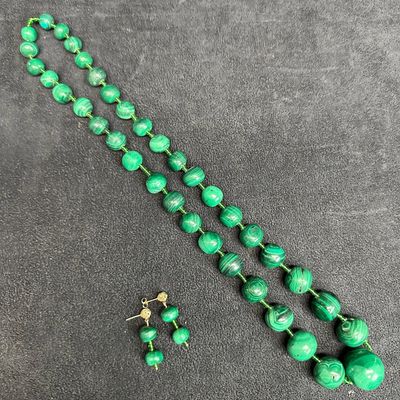 Natural Malachite Bead Necklace and Earrings Set 14K Gold Findings Clasp L13