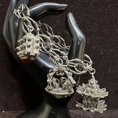 Ornate Filigree Charm Bracelet 800 Silver Etruscan Revival Style